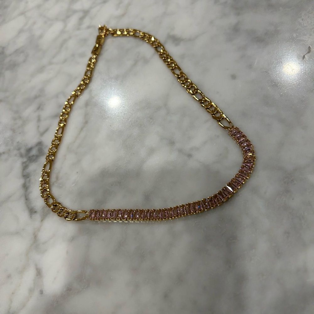 Half pink crystal half gold chain necklace